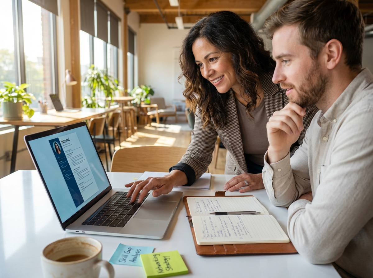 Career coach helping a professional review their career path