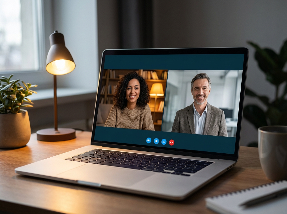 Virtual coaching session on a laptop from home