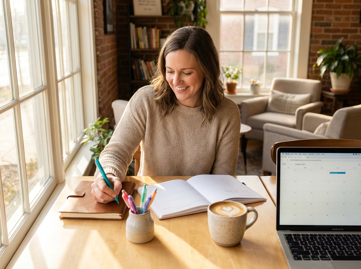 Life coach writing session notes in a bright café